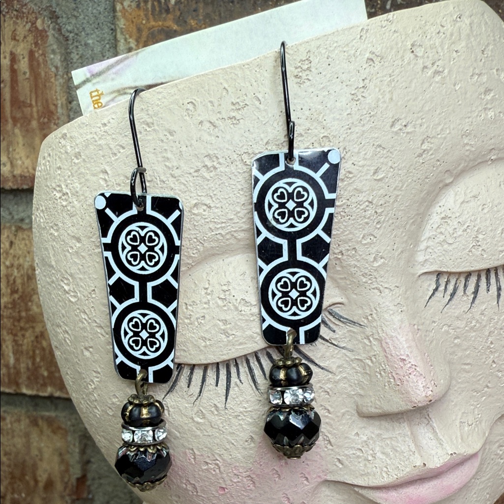 Black And White Geometric Vintage Tin  Black Glass Earrings